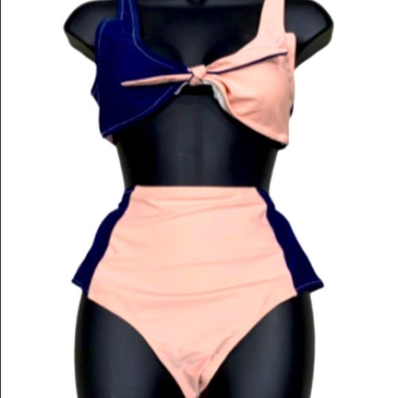 CUPSHE BIKINI Navy & Peach Color Block High Waisted Twisted Tie Plunge Top NWT - Picture 3 of 11